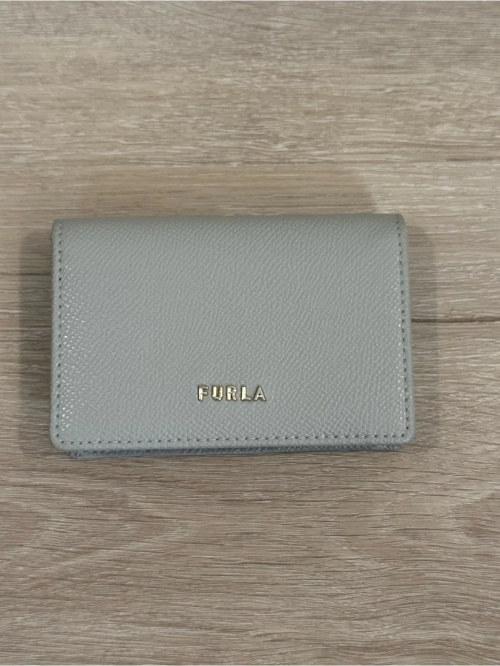 Furla Light Gray Leather Trifold Card Holder with Gold Logo